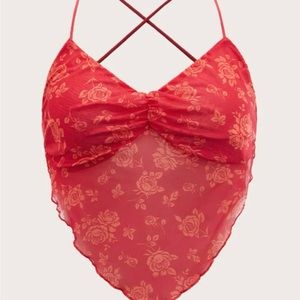 Floral Print Ruched Bust Crisscross Mesh Crop Cami Top